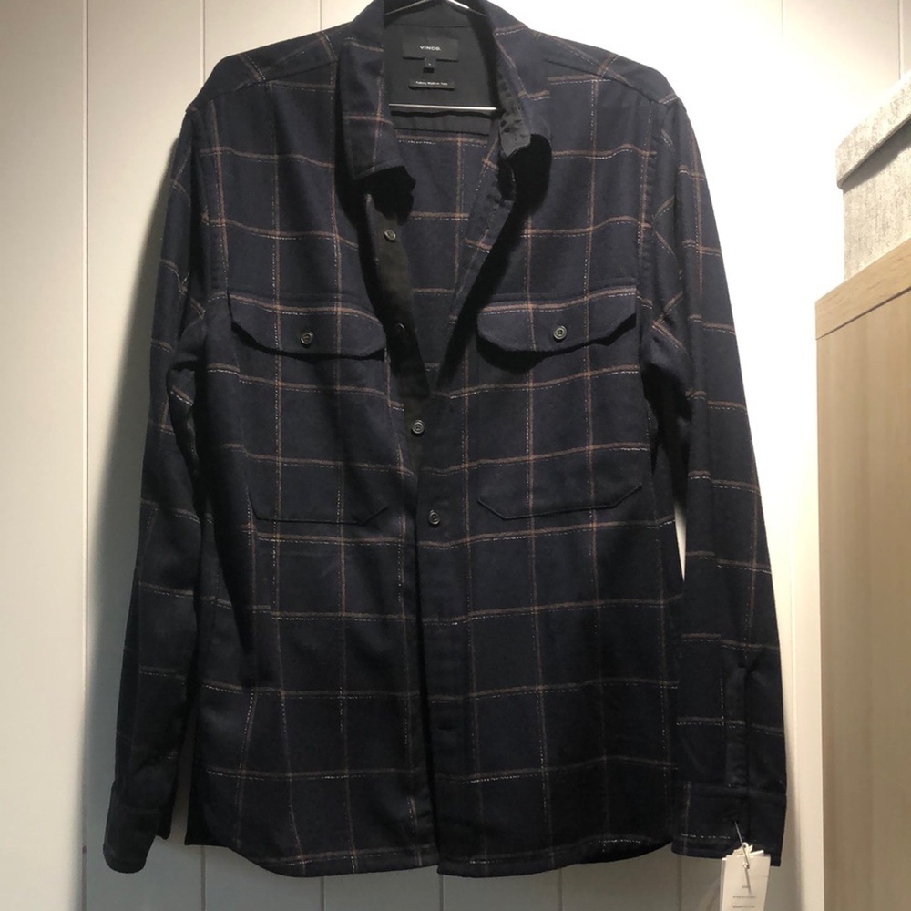 NWT Vince Mens wool blend plaid shirt jacket multi pocket navy main L
